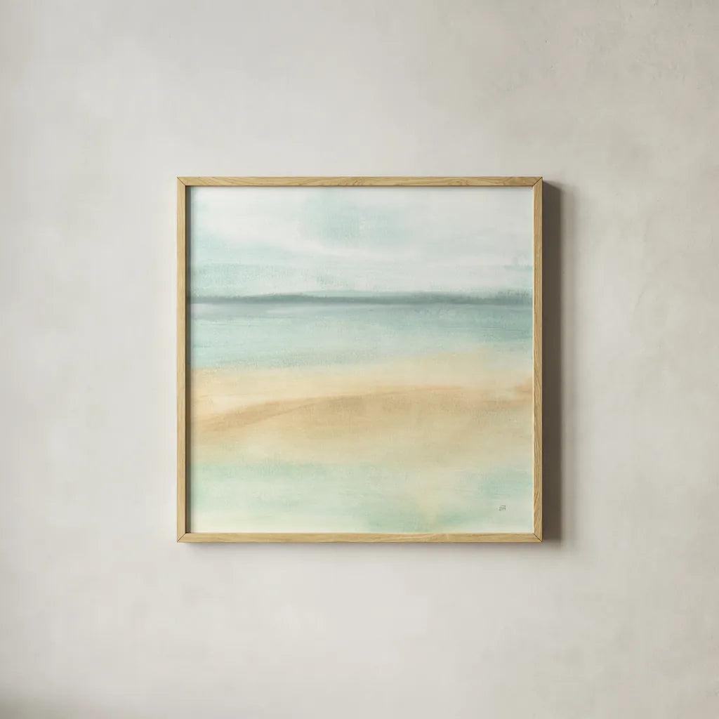 Mint and Sand I by Chris Paschke. Shown in a natural wood glass frame for a timeless modern aesthetic. Available as an archival giclee rolled canvas, fine art paper, or poster print. SKU 68151a.