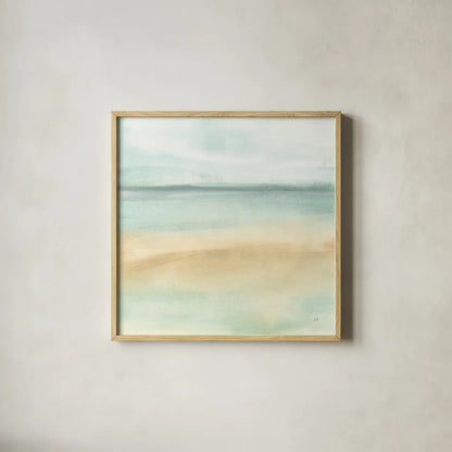 Mint and Sand I by Chris Paschke. Shown in a natural wood glass frame for a timeless modern aesthetic. Available as an archival giclee rolled canvas, fine art paper, or poster print. SKU 68151a.