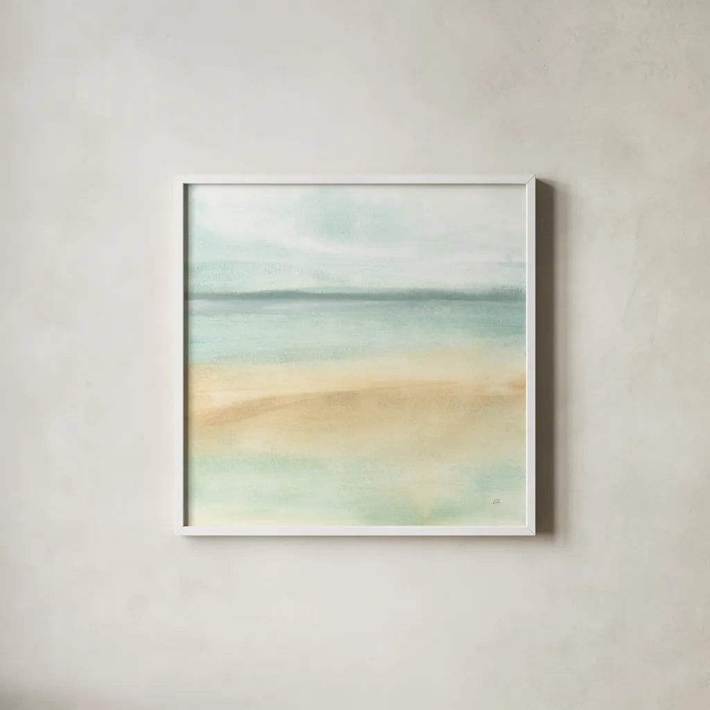 Mint and Sand I by Chris Paschke. Shown in a crisp white glass frame for a clean and minimalist style. Available as an archival giclee rolled canvas, fine art paper, or poster print. SKU 68151a.