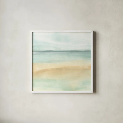 Mint and Sand I by Chris Paschke. Shown in a crisp white glass frame for a clean and minimalist style. Available as an archival giclee rolled canvas, fine art paper, or poster print. SKU 68151a.