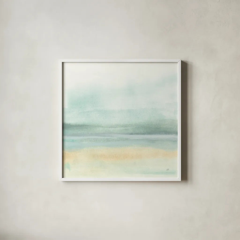 Mint and Sand II by Chris Paschke. Shown in a crisp white glass frame for a clean and minimalist style. Available as an archival giclee rolled canvas, fine art paper, or poster print. SKU 68152a.