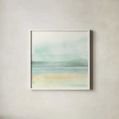 Mint and Sand II by Chris Paschke. Shown in a crisp white glass frame for a clean and minimalist style. Available as an archival giclee rolled canvas, fine art paper, or poster print. SKU 68152a.