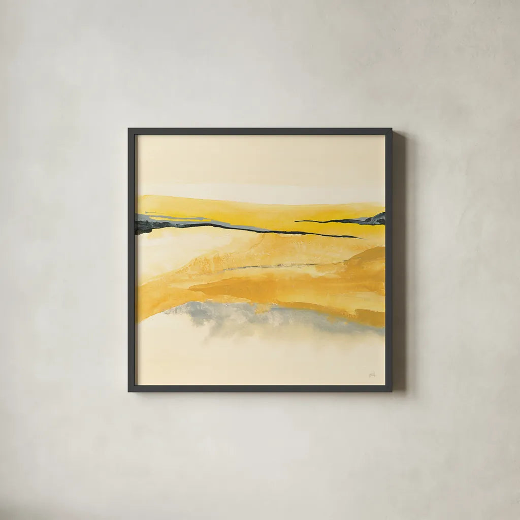 Mist and Gold I by Chris Paschke. Shown in a sleek black glass frame for a contemporary gallery look. Available as an archival giclee rolled canvas, fine art paper, or poster print. SKU 39675a.