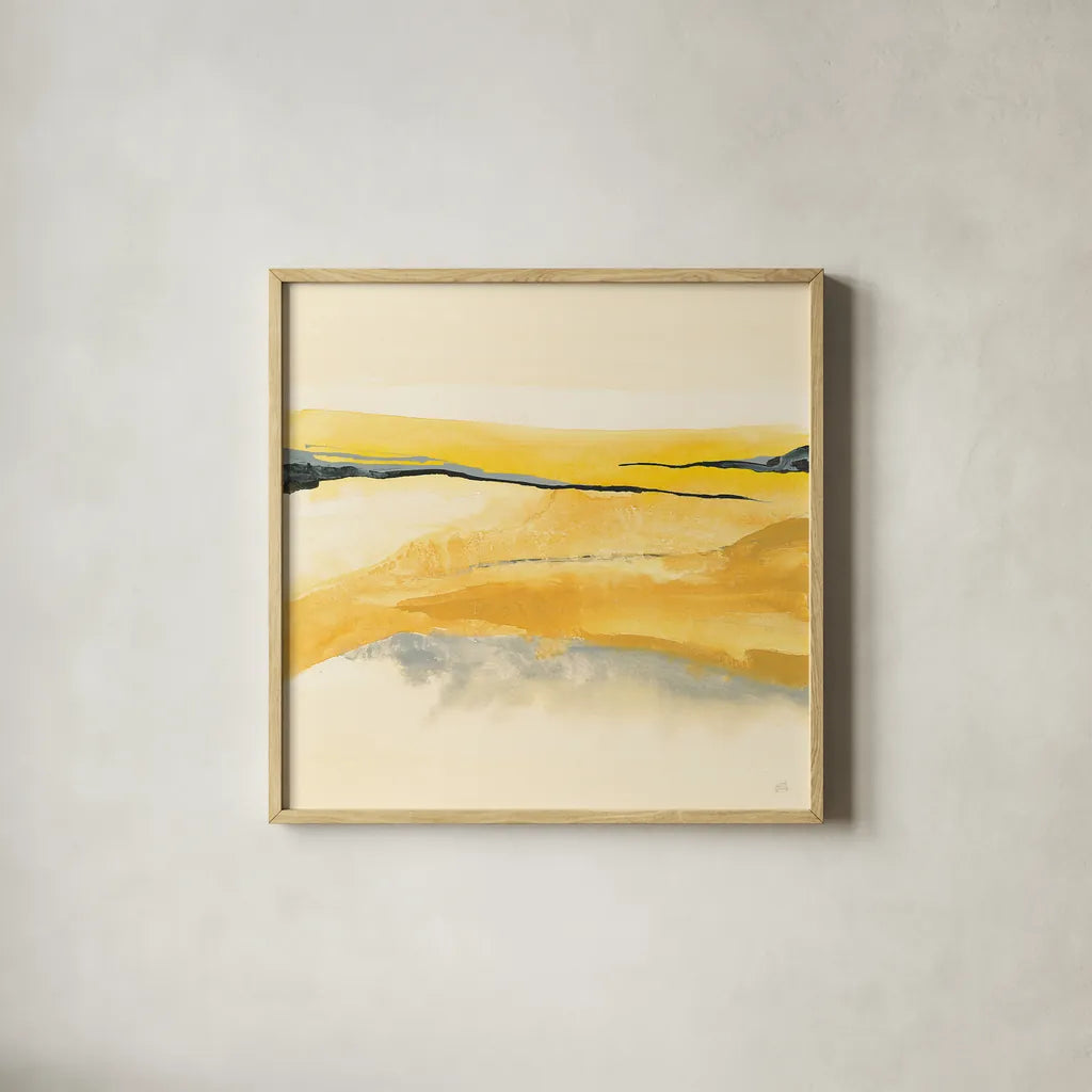 Mist and Gold I by Chris Paschke. Shown in a natural wood glass frame for a timeless modern aesthetic. Available as an archival giclee rolled canvas, fine art paper, or poster print. SKU 39675a.