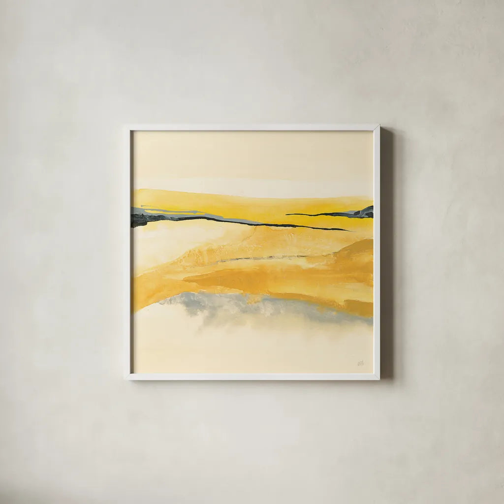 Mist and Gold I by Chris Paschke. Shown in a crisp white glass frame for a clean and minimalist style. Available as an archival giclee rolled canvas, fine art paper, or poster print. SKU 39675a.