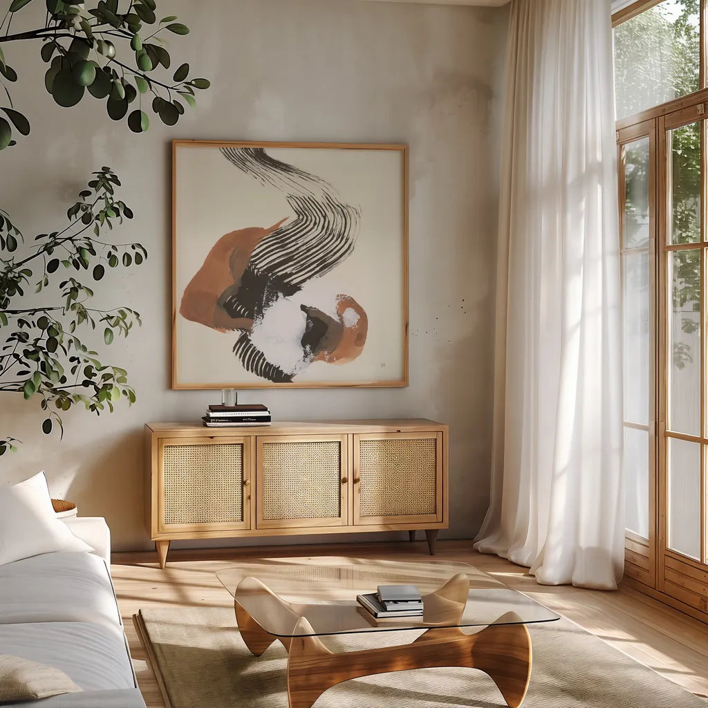 Mixed Modern I by Chris Paschke. Shown in a natural wood frame in a cozy modern living room. Available as an archival giclee rolled canvas, fine art paper, or poster print. SKU 84549a.