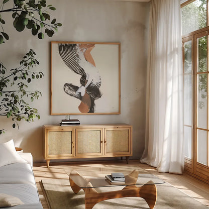 Mixed Modern II by Chris Paschke. Shown in a natural wood frame in a cozy modern living room. Available as an archival giclee rolled canvas, fine art paper, or poster print. SKU 84550a.