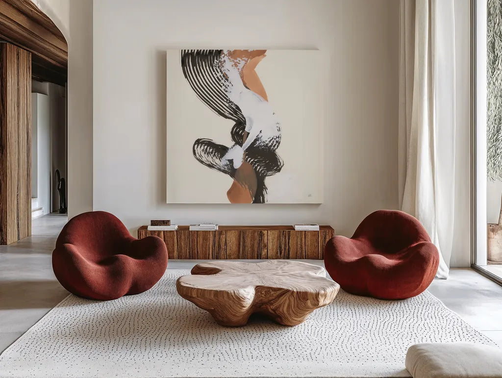 Mixed Modern II by Chris Paschke. Shown as extra-large giant wall art in a modern living room. Available as an archival giclee rolled canvas, fine art paper, or poster print. SKU 84550a.