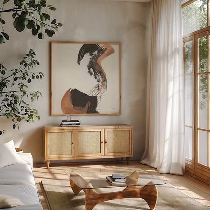 Mixed Modern III by Chris Paschke. Shown in a natural wood frame in a cozy modern living room. Available as an archival giclee rolled canvas, fine art paper, or poster print. SKU 84551a.