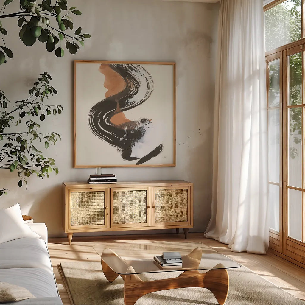 Mixed Modern IV by Chris Paschke. Shown in a natural wood frame in a cozy modern living room. Available as an archival giclee rolled canvas, fine art paper, or poster print. SKU 84552a.