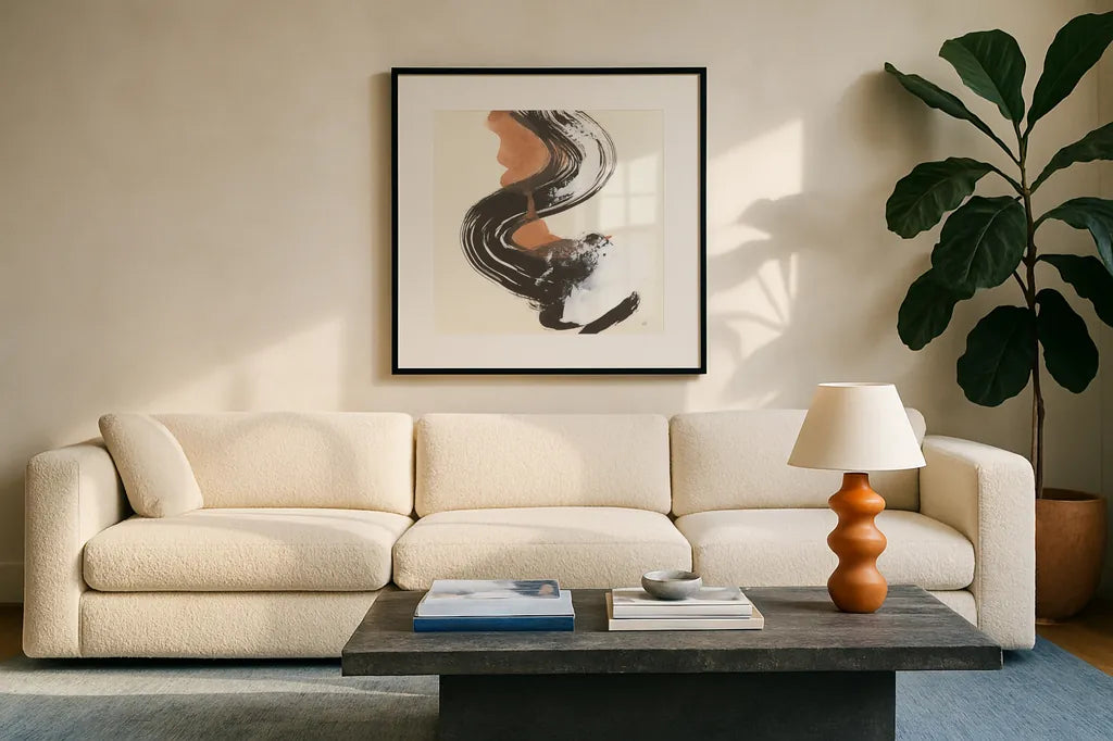 Mixed Modern IV by Chris Paschke. Displayed in a glass frame with matte in a clean modern living room. Available as an archival giclee rolled canvas, fine art paper, or poster print. SKU 84552a.