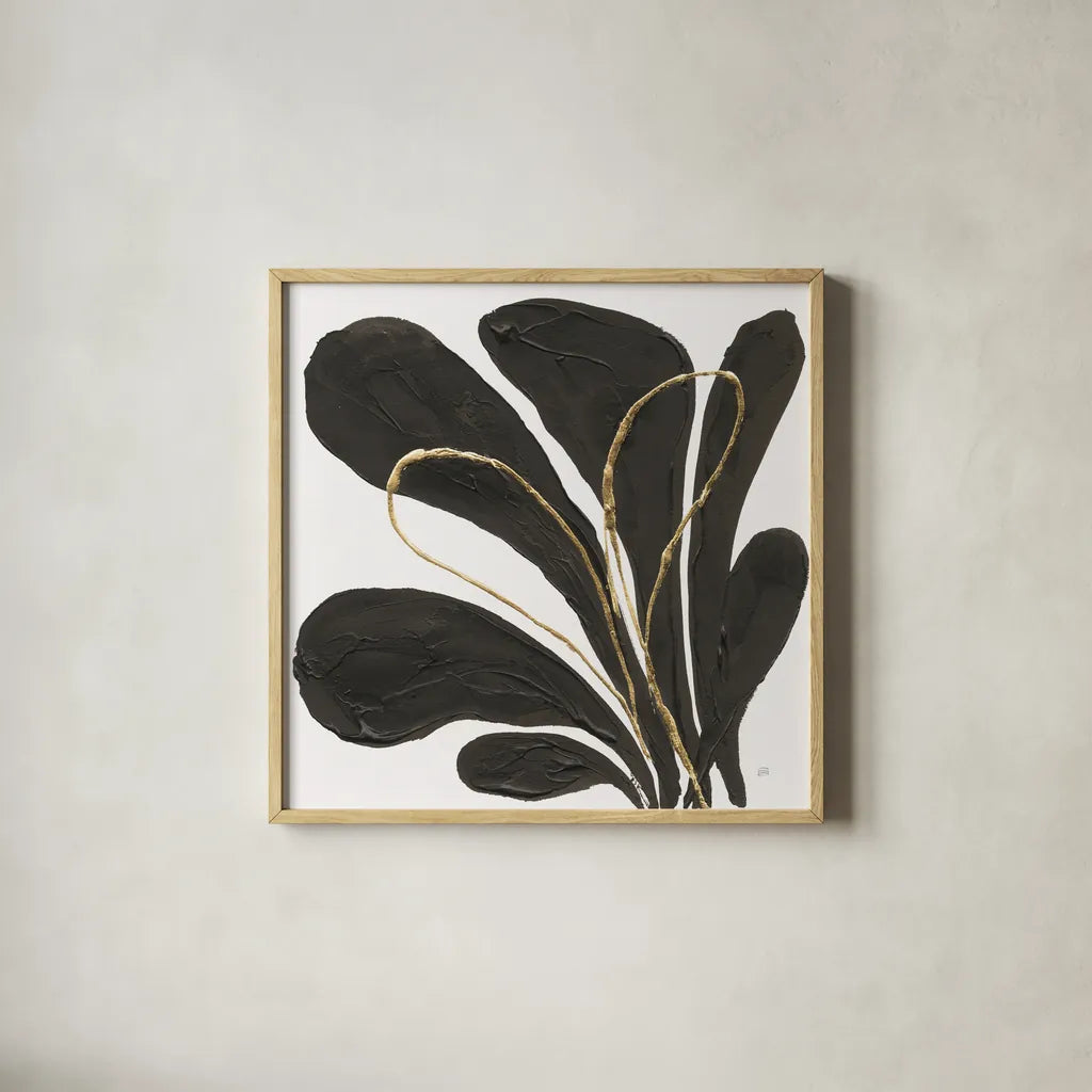 Mod Leaves I by Chris Paschke. Shown in a natural wood glass frame for a timeless modern aesthetic. Available as an archival giclee rolled canvas, fine art paper, or poster print. SKU 98225a.