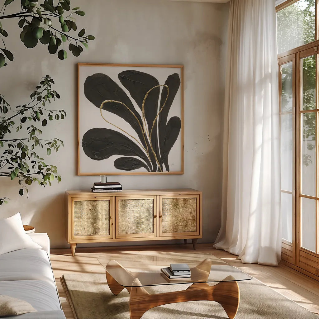 Mod Leaves I by Chris Paschke. Shown in a natural wood frame in a cozy modern living room. Available as an archival giclee rolled canvas, fine art paper, or poster print. SKU 98225a.