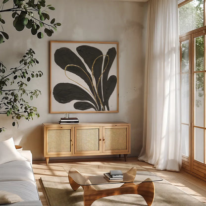 Mod Leaves I by Chris Paschke. Shown in a natural wood frame in a cozy modern living room. Available as an archival giclee rolled canvas, fine art paper, or poster print. SKU 98225a.