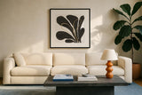 Mod Leaves I by Chris Paschke. Displayed in a glass frame with matte in a clean modern living room. Available as an archival giclee rolled canvas, fine art paper, or poster print. SKU 98225a.