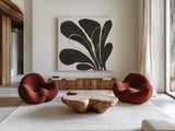 Mod Leaves I by Chris Paschke. Shown as extra-large giant wall art in a modern living room. Available as an archival giclee rolled canvas, fine art paper, or poster print. SKU 98225a.