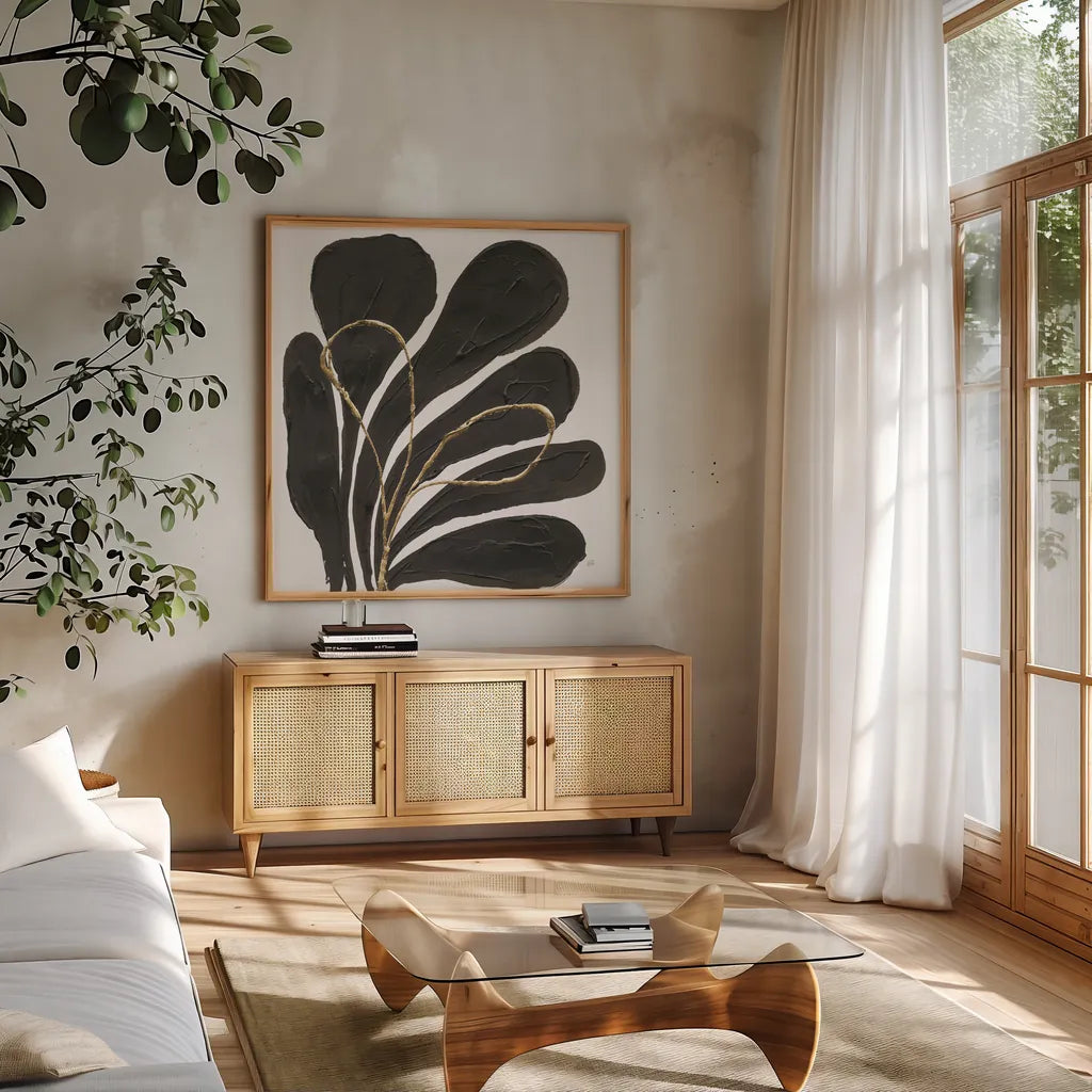 Mod Leaves II by Chris Paschke. Shown in a natural wood frame in a cozy modern living room. Available as an archival giclee rolled canvas, fine art paper, or poster print. SKU 98226a.