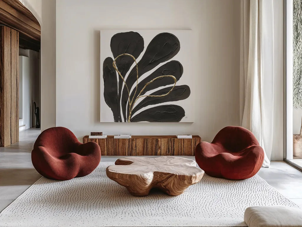 Mod Leaves II by Chris Paschke. Shown as extra-large giant wall art in a modern living room. Available as an archival giclee rolled canvas, fine art paper, or poster print. SKU 98226a.