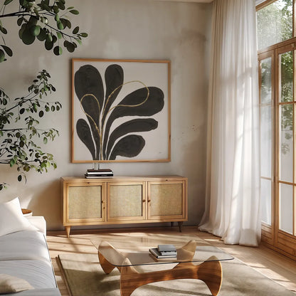 Mod Leaves IV by Chris Paschke. Shown in a natural wood frame in a cozy modern living room. Available as an archival giclee rolled canvas, fine art paper, or poster print. SKU 98228a.