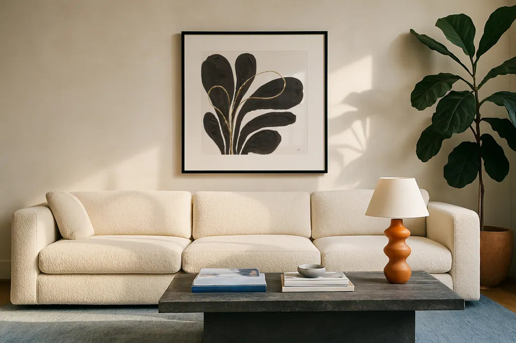 Mod Leaves IV by Chris Paschke. Displayed in a glass frame with matte in a clean modern living room. Available as an archival giclee rolled canvas, fine art paper, or poster print. SKU 98228a.