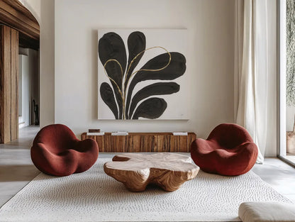 Mod Leaves IV by Chris Paschke. Shown as extra-large giant wall art in a modern living room. Available as an archival giclee rolled canvas, fine art paper, or poster print. SKU 98228a.