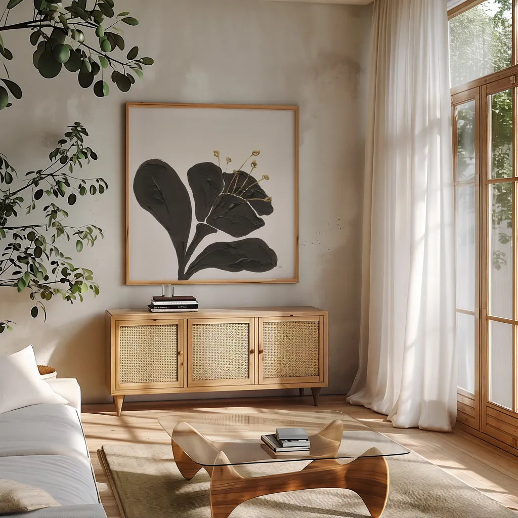 Mod Poppy I by Chris Paschke. Shown in a natural wood frame in a cozy modern living room. Available as an archival giclee rolled canvas, fine art paper, or poster print. SKU 98229a.