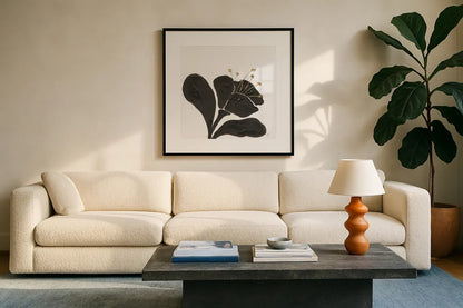 Mod Poppy I by Chris Paschke. Displayed in a glass frame with matte in a clean modern living room. Available as an archival giclee rolled canvas, fine art paper, or poster print. SKU 98229a.