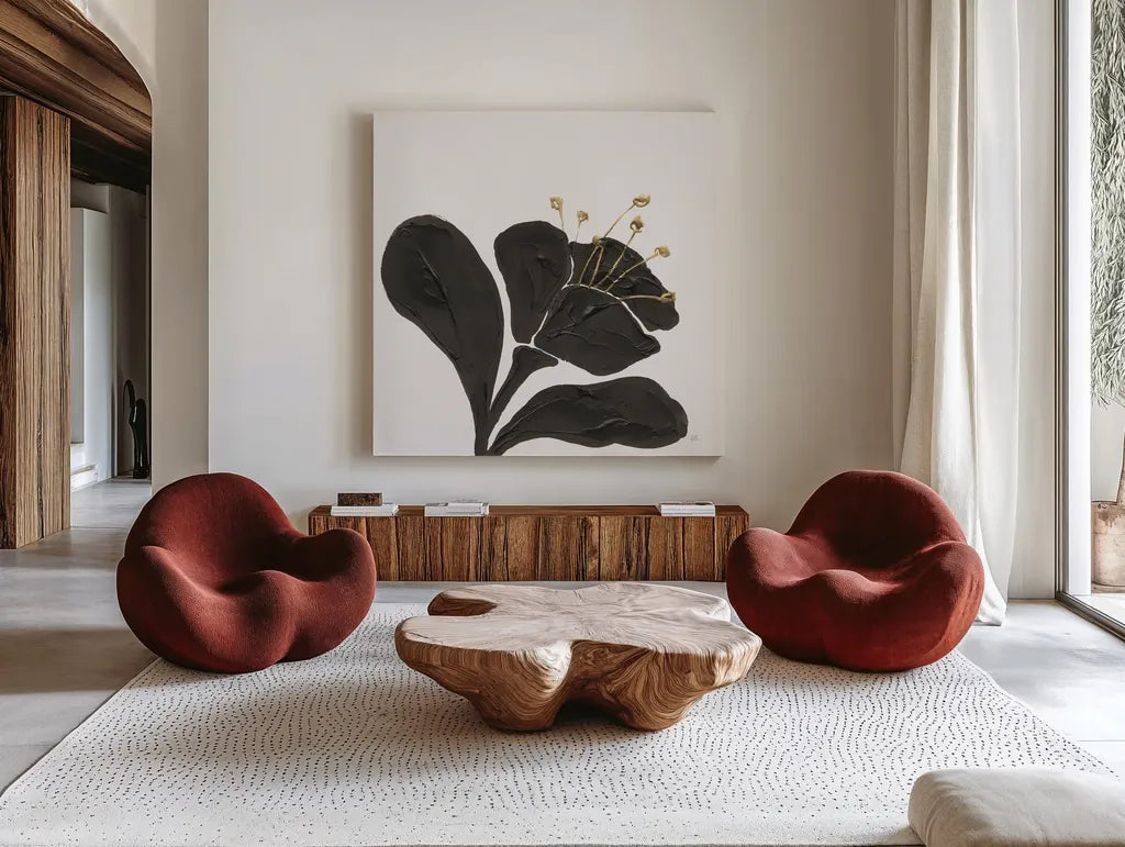 Mod Poppy I by Chris Paschke. Shown as extra-large giant wall art in a modern living room. Available as an archival giclee rolled canvas, fine art paper, or poster print. SKU 98229a.