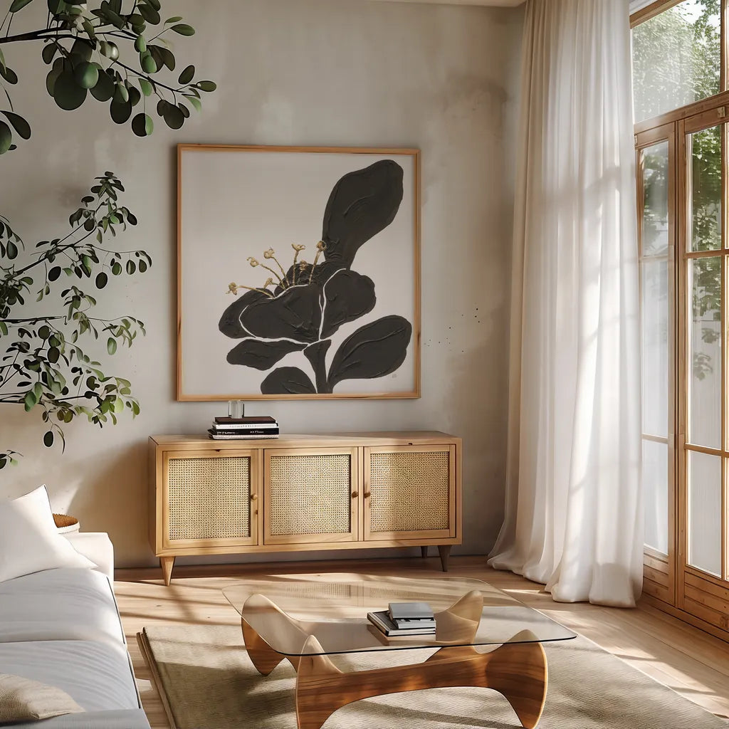 Mod Poppy II by Chris Paschke. Shown in a natural wood frame in a cozy modern living room. Available as an archival giclee rolled canvas, fine art paper, or poster print. SKU 98230a.