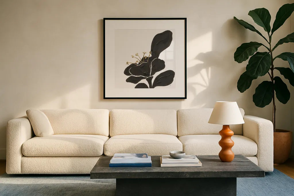 Mod Poppy II by Chris Paschke. Displayed in a glass frame with matte in a clean modern living room. Available as an archival giclee rolled canvas, fine art paper, or poster print. SKU 98230a.