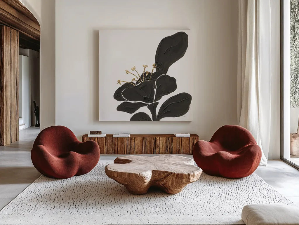 Mod Poppy II by Chris Paschke. Shown as extra-large giant wall art in a modern living room. Available as an archival giclee rolled canvas, fine art paper, or poster print. SKU 98230a.