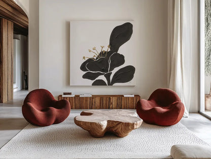 Mod Poppy II by Chris Paschke. Shown as extra-large giant wall art in a modern living room. Available as an archival giclee rolled canvas, fine art paper, or poster print. SKU 98230a.