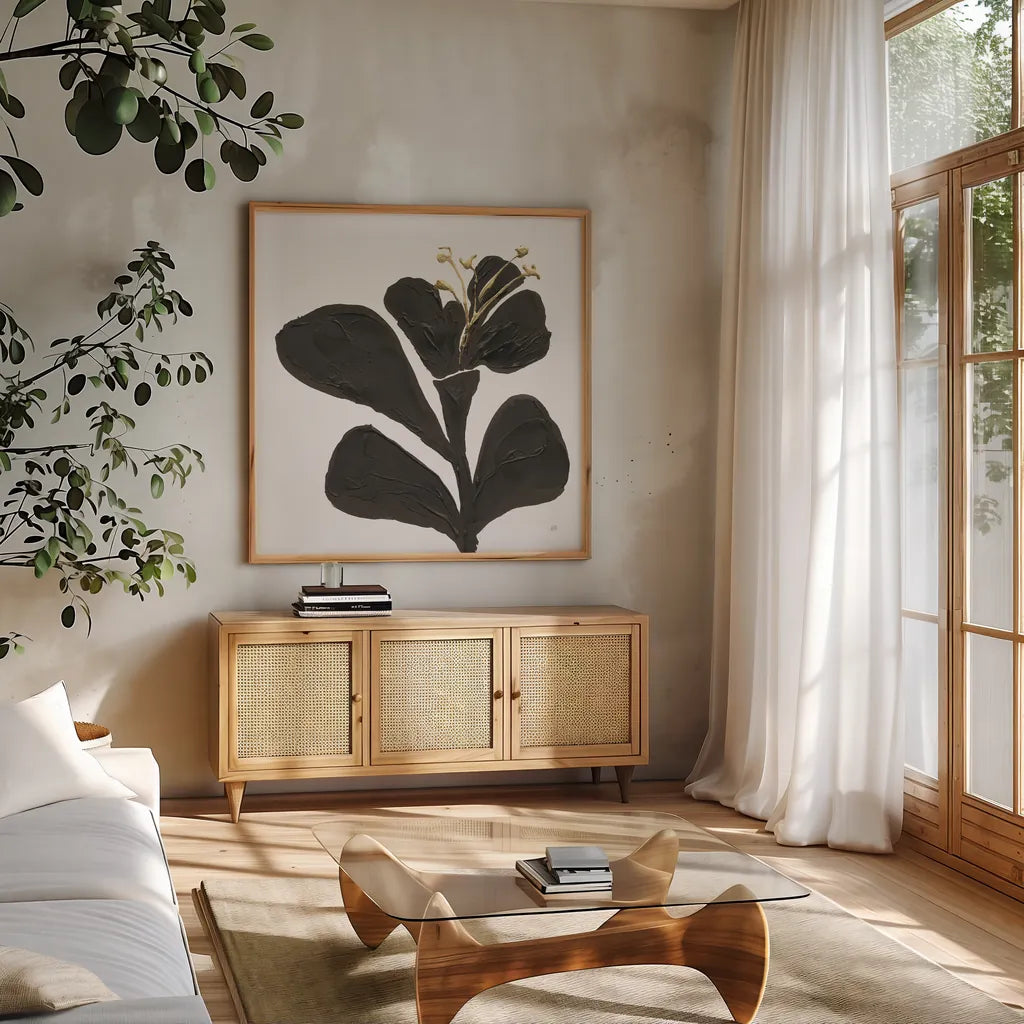 Mod Poppy III by Chris Paschke. Shown in a natural wood frame in a cozy modern living room. Available as an archival giclee rolled canvas, fine art paper, or poster print. SKU 98231a.