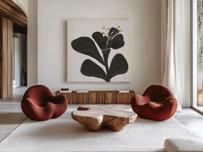 Mod Poppy III by Chris Paschke. Shown as extra-large giant wall art in a modern living room. Available as an archival giclee rolled canvas, fine art paper, or poster print. SKU 98231a.