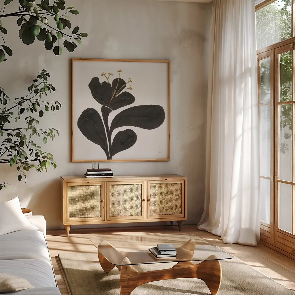 Mod Poppy IV by Chris Paschke. Shown in a natural wood frame in a cozy modern living room. Available as an archival giclee rolled canvas, fine art paper, or poster print. SKU 98232a.