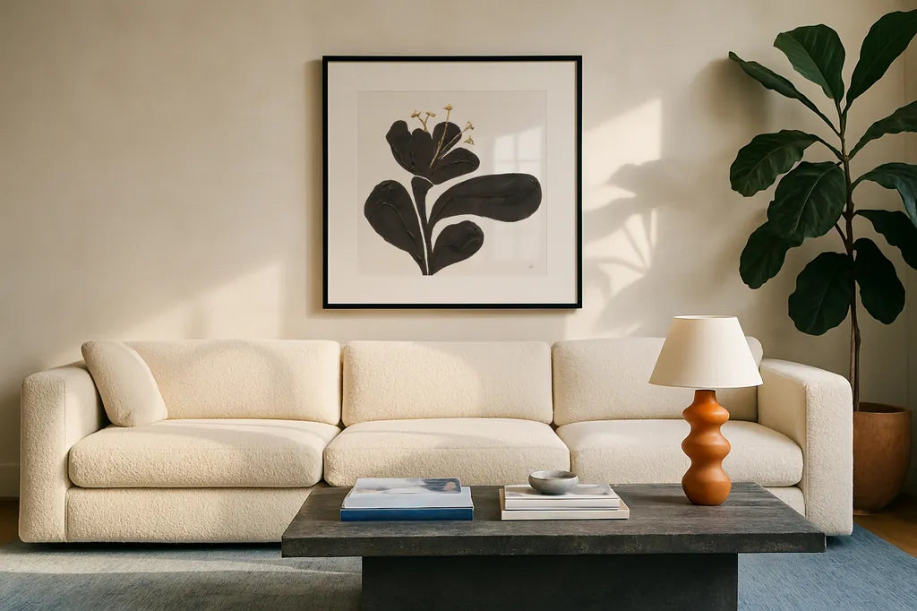 Mod Poppy IV by Chris Paschke. Displayed in a glass frame with matte in a clean modern living room. Available as an archival giclee rolled canvas, fine art paper, or poster print. SKU 98232a.