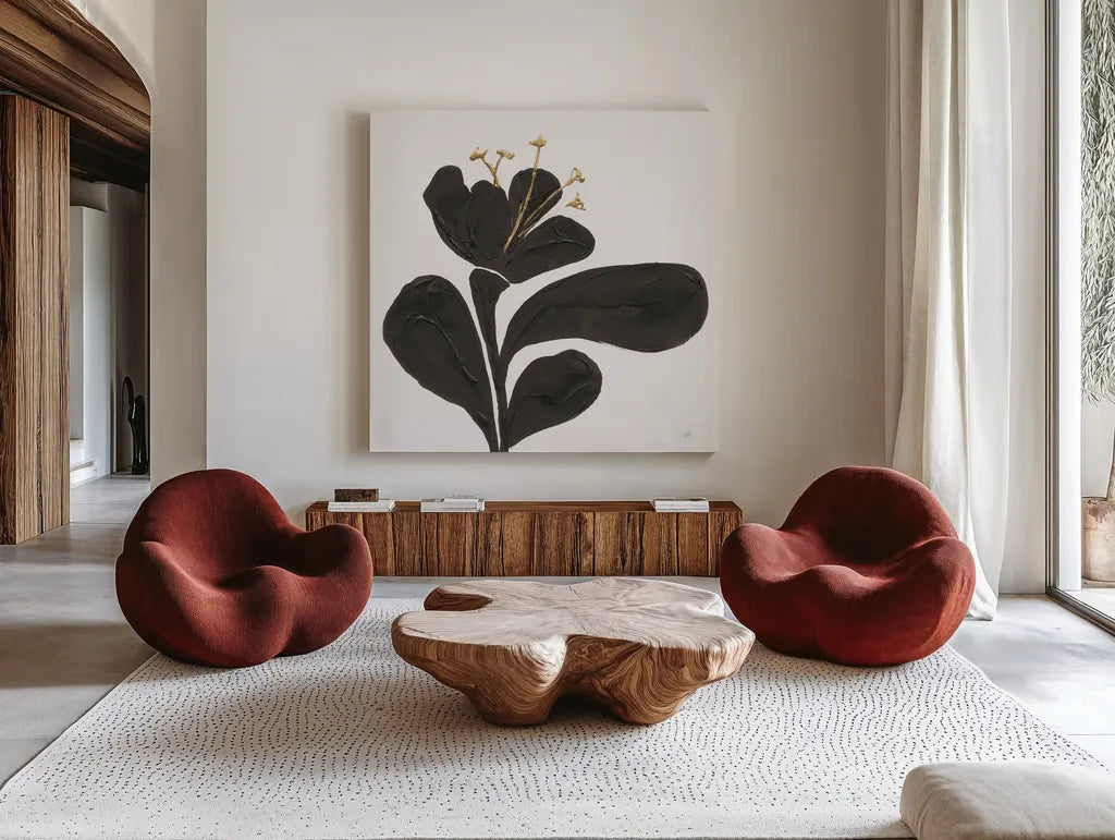 Mod Poppy IV by Chris Paschke. Shown as extra-large giant wall art in a modern living room. Available as an archival giclee rolled canvas, fine art paper, or poster print. SKU 98232a.