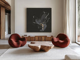 Modern Flower II by Chris Paschke. Shown as extra-large giant wall art in a modern living room. Available as an archival giclee rolled canvas, fine art paper, or poster print. SKU 73074a.