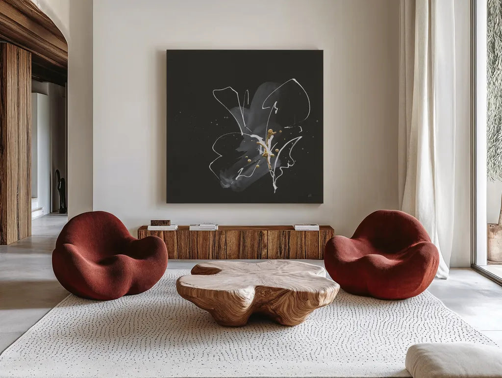 Modern Flower IV by Chris Paschke. Shown as extra-large giant wall art in a modern living room. Available as an archival giclee rolled canvas, fine art paper, or poster print. SKU 73076a.