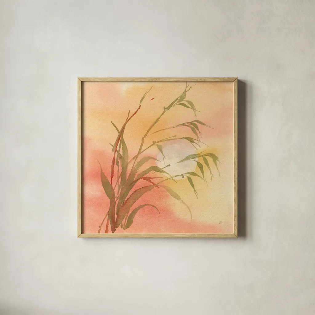 Moon Season Autumn by Chris Paschke. Shown in a natural wood glass frame for a timeless modern aesthetic. Available as an archival giclee rolled canvas, fine art paper, or poster print. SKU 65456a.