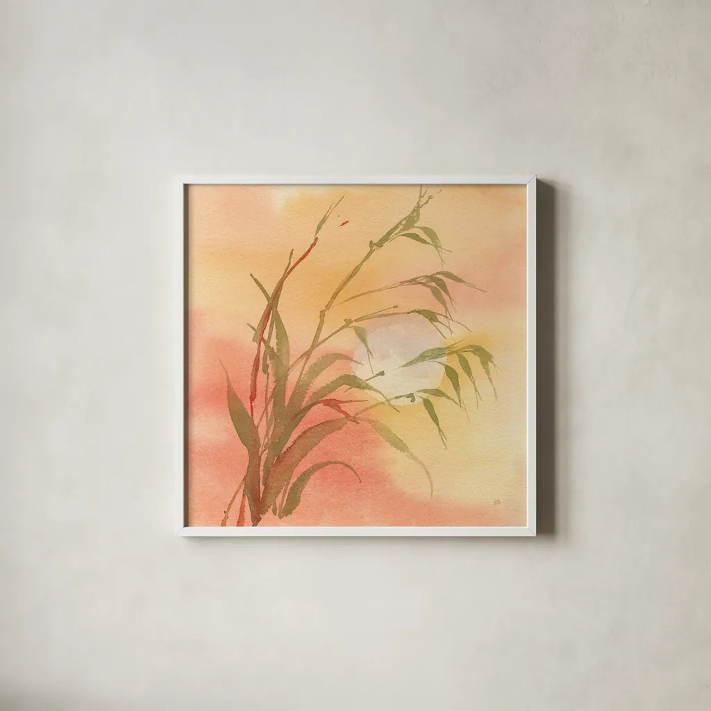 Moon Season Autumn by Chris Paschke. Shown in a crisp white glass frame for a clean and minimalist style. Available as an archival giclee rolled canvas, fine art paper, or poster print. SKU 65456a.