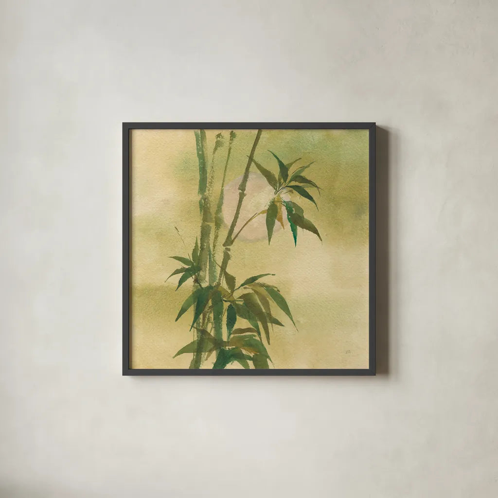 Moon Season Spring by Chris Paschke. Shown in a sleek black glass frame for a contemporary gallery look. Available as an archival giclee rolled canvas, fine art paper, or poster print. SKU 65458a.