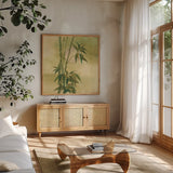 Moon Season Spring by Chris Paschke. Shown in a natural wood frame in a cozy modern living room. Available as an archival giclee rolled canvas, fine art paper, or poster print. SKU 65458a.