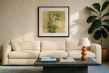 Moon Season Spring by Chris Paschke. Displayed in a glass frame with matte in a clean modern living room. Available as an archival giclee rolled canvas, fine art paper, or poster print. SKU 65458a.