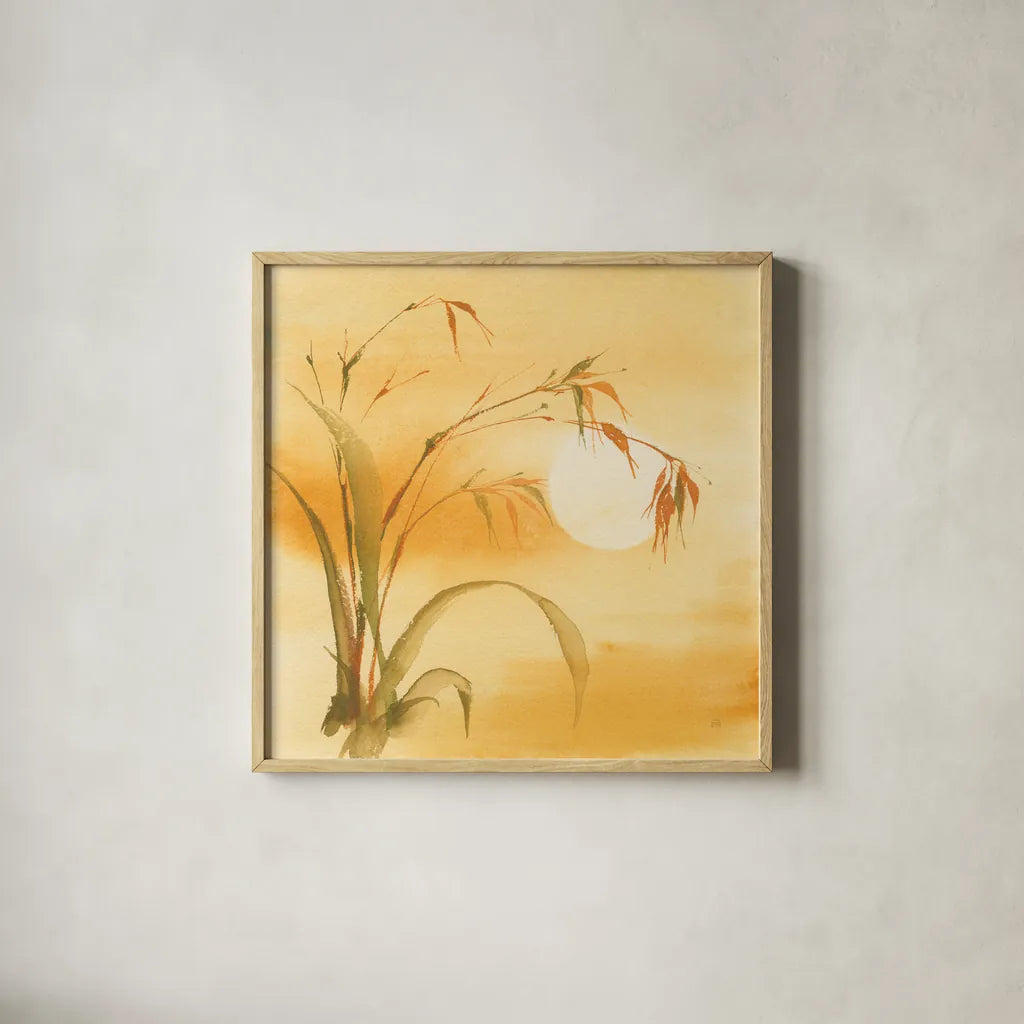 Moon Season Summer by Chris Paschke. Shown in a natural wood glass frame for a timeless modern aesthetic. Available as an archival giclee rolled canvas, fine art paper, or poster print. SKU 65459a.