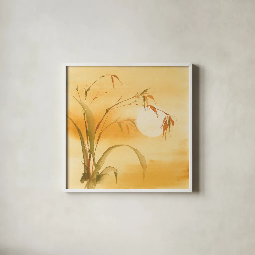 Moon Season Summer by Chris Paschke. Shown in a crisp white glass frame for a clean and minimalist style. Available as an archival giclee rolled canvas, fine art paper, or poster print. SKU 65459a.