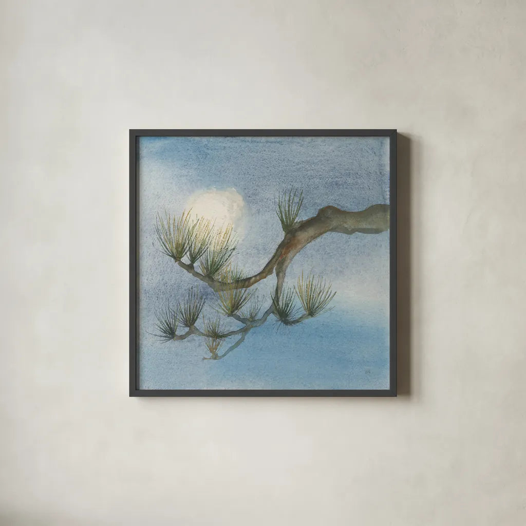 Moon Season Winter by Chris Paschke. Shown in a sleek black glass frame for a contemporary gallery look. Available as an archival giclee rolled canvas, fine art paper, or poster print. SKU 65457a.