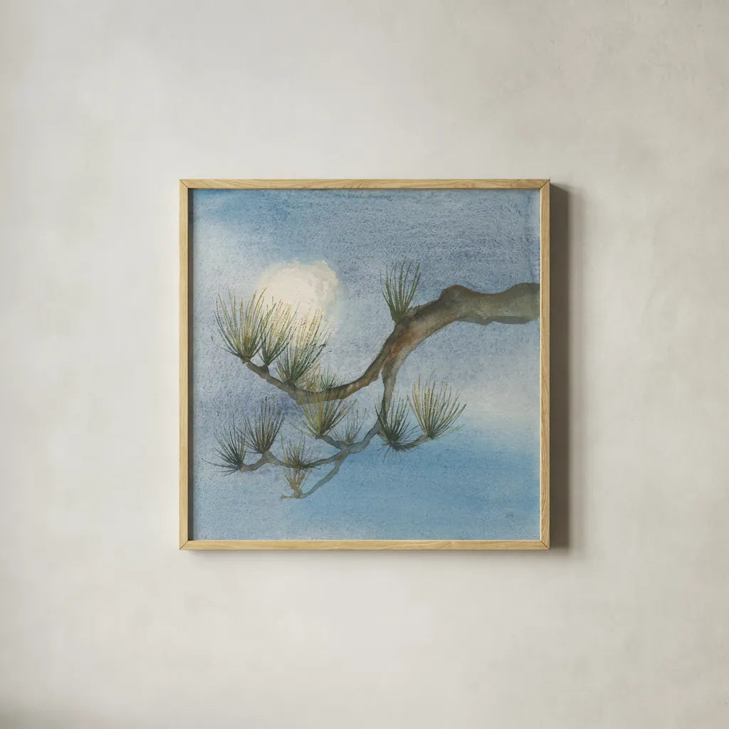 Moon Season Winter by Chris Paschke. Shown in a natural wood glass frame for a timeless modern aesthetic. Available as an archival giclee rolled canvas, fine art paper, or poster print. SKU 65457a.