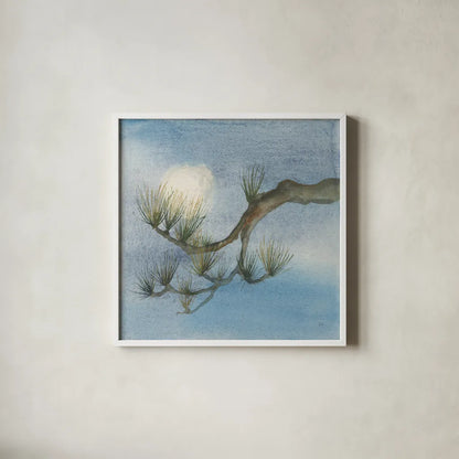 Moon Season Winter by Chris Paschke. Shown in a crisp white glass frame for a clean and minimalist style. Available as an archival giclee rolled canvas, fine art paper, or poster print. SKU 65457a.