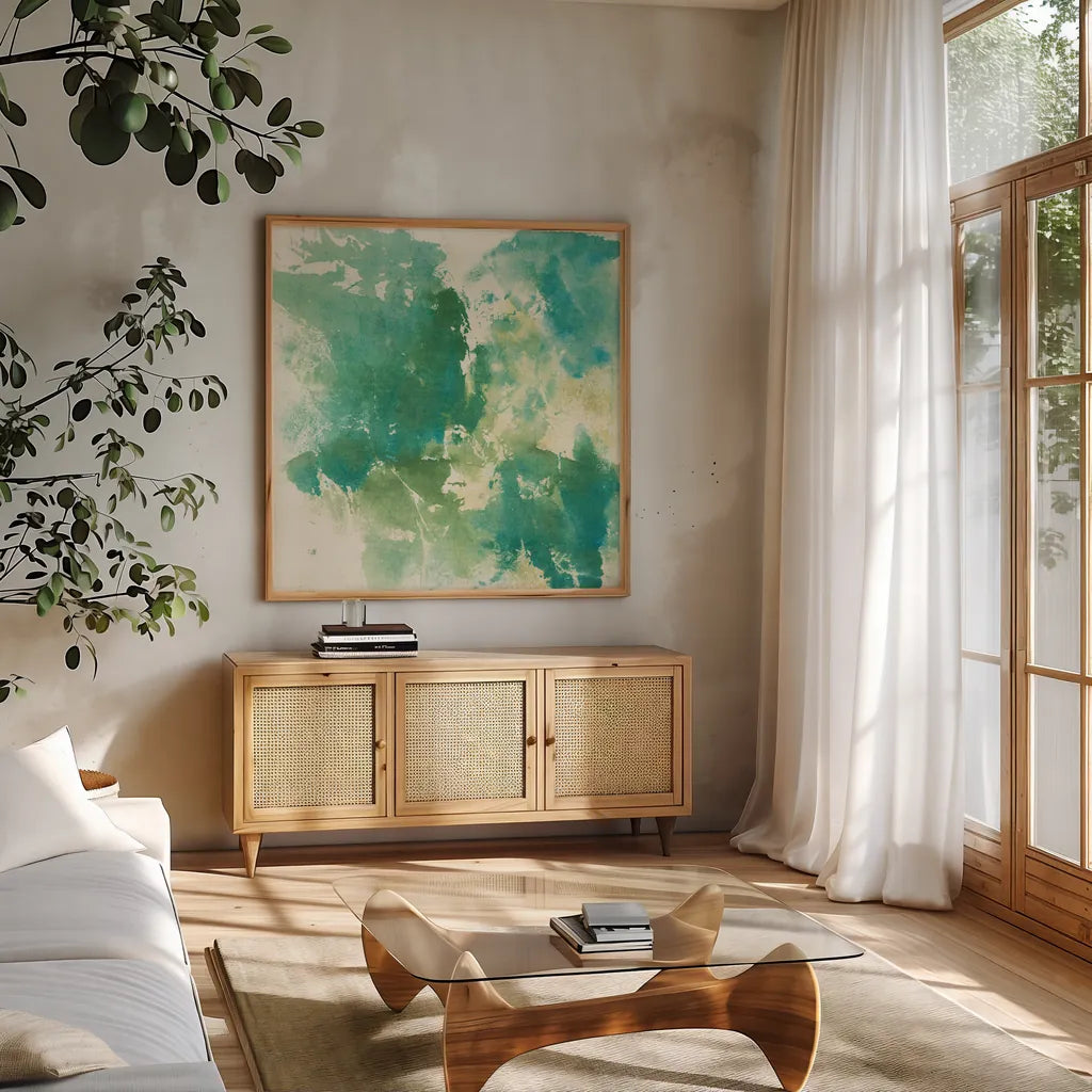 Mossy Rock I by Chris Paschke. Shown in a natural wood frame in a cozy modern living room. Available as an archival giclee rolled canvas, fine art paper, or poster print. SKU 37165a.